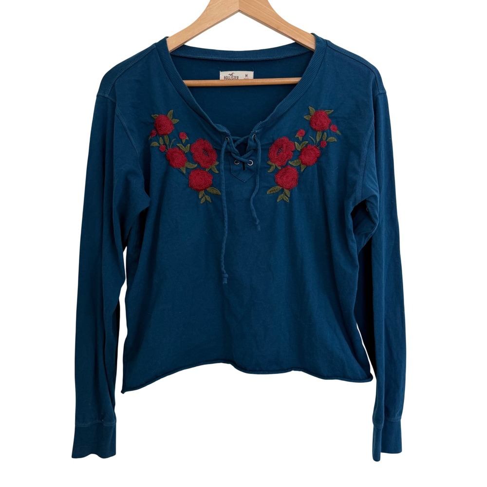 Hollister Blue Long Sleeve Lace Up Embroidered Rose Boho Women Medium